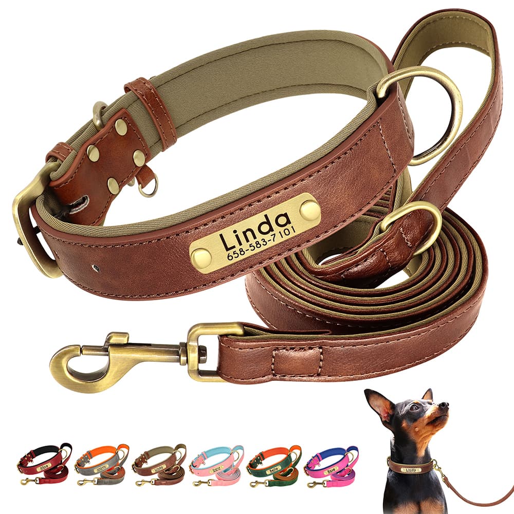 Customized Leather Dog Collar Leash Set Soft