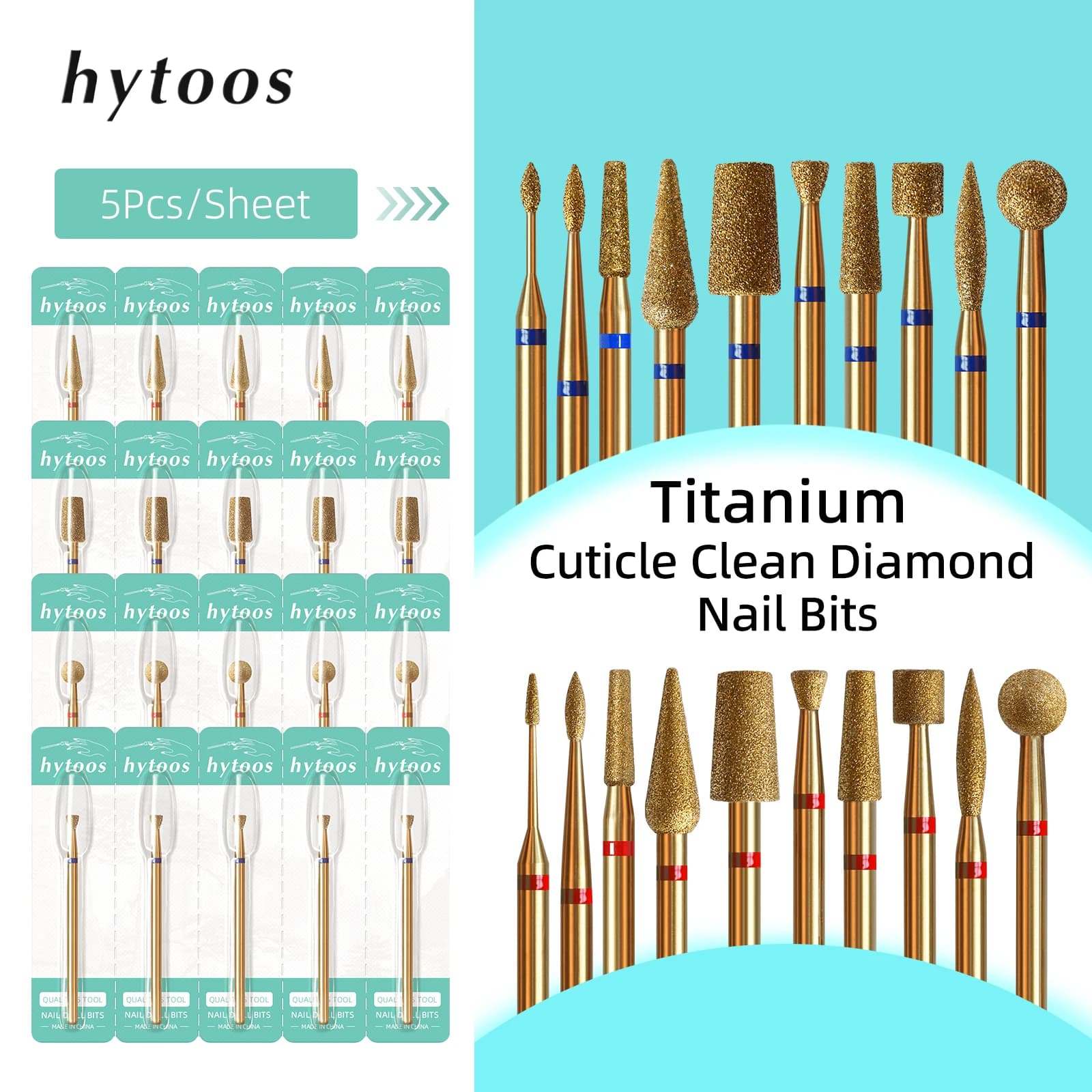 HYTOOS 5Pcs/Set Titanium Nail Drill Bits Diamond
