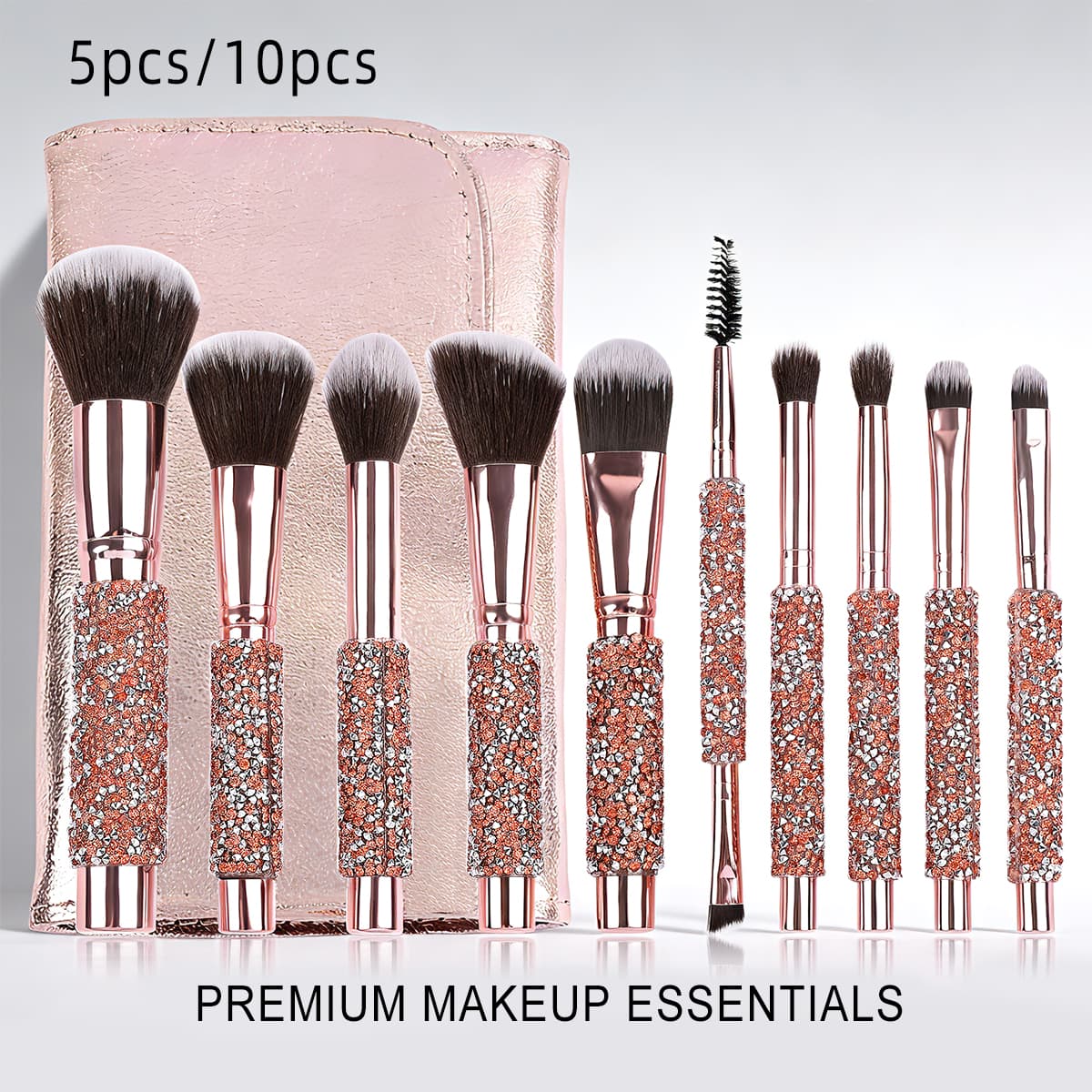 5pcs/10pcs Luxury Rhinestone-encrusted Makeup Brushes Set with Rose Gold PU Bag Portable T