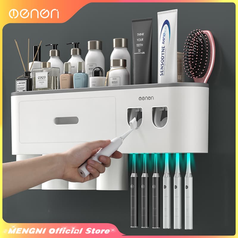 MENGNI-Magnetic Adsorption Inverted Toothbrush Holder Wall -Automatic Toothpaste Squeezer 