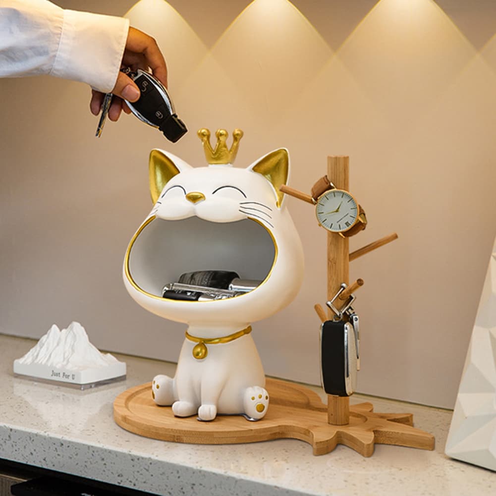 NEW Fortune Crown Big Mouth Cat Entrance Key Storage Tray Decorative Ornament, Light Luxur